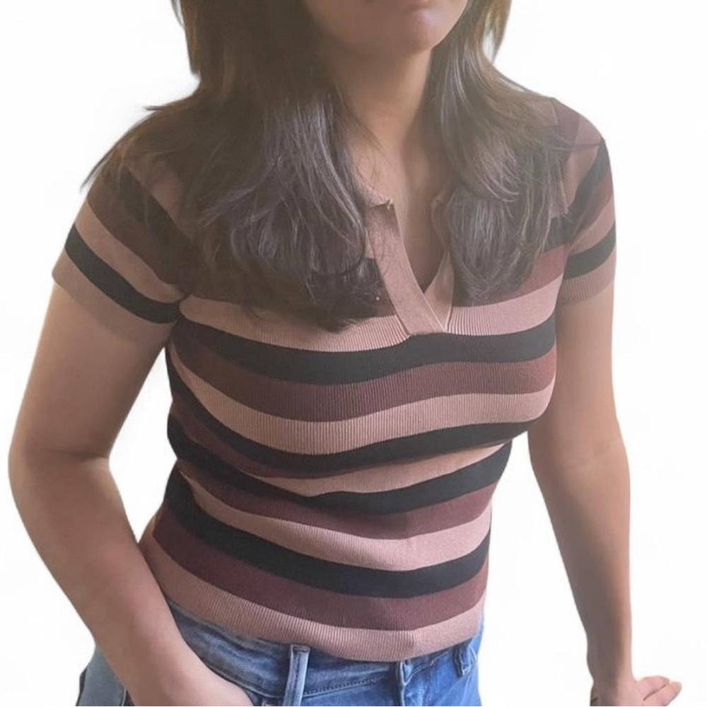 Retro 70s 90s Y2K Ribbed Stripe Knit Cropped Polo XS Brown Tan Dark Academia Top